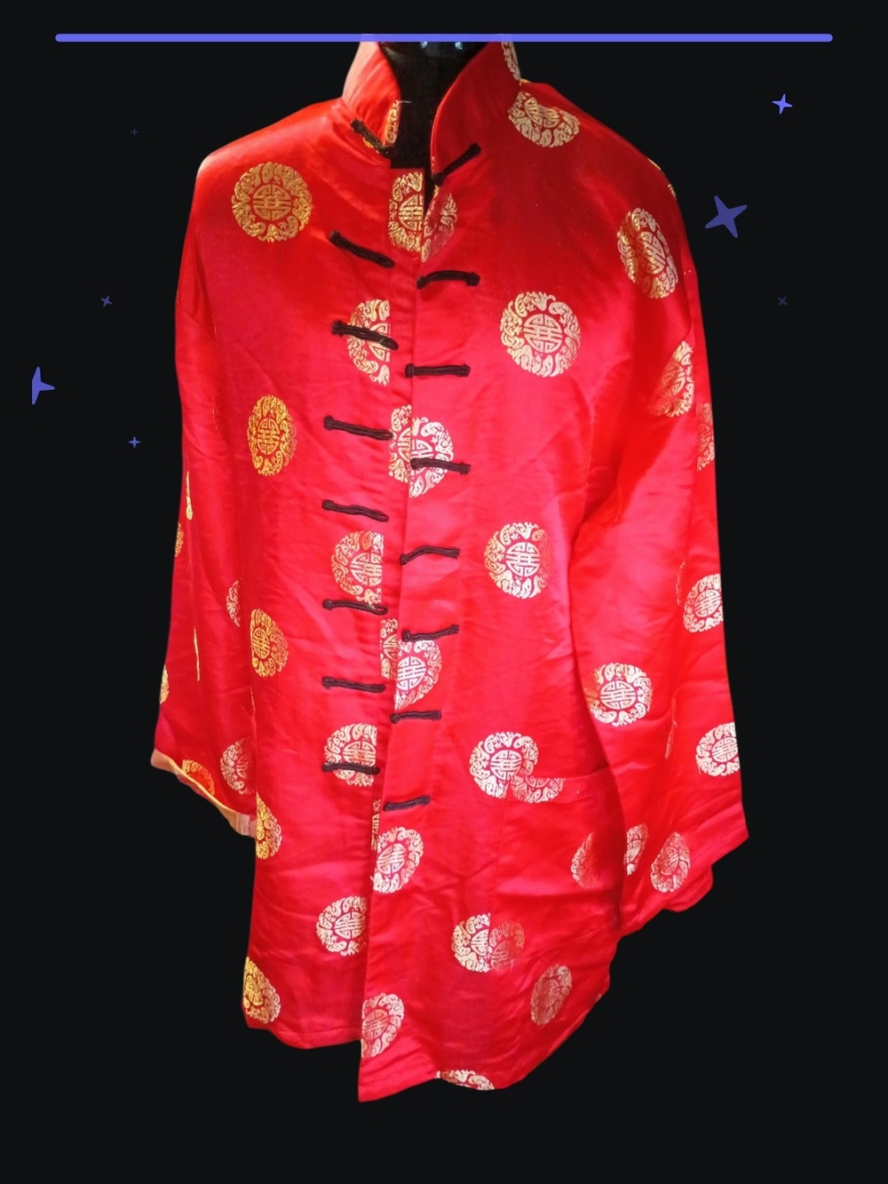 Vintage Red Satin Mandarin Collar Jacket with Gold Medallion Print Size XXL